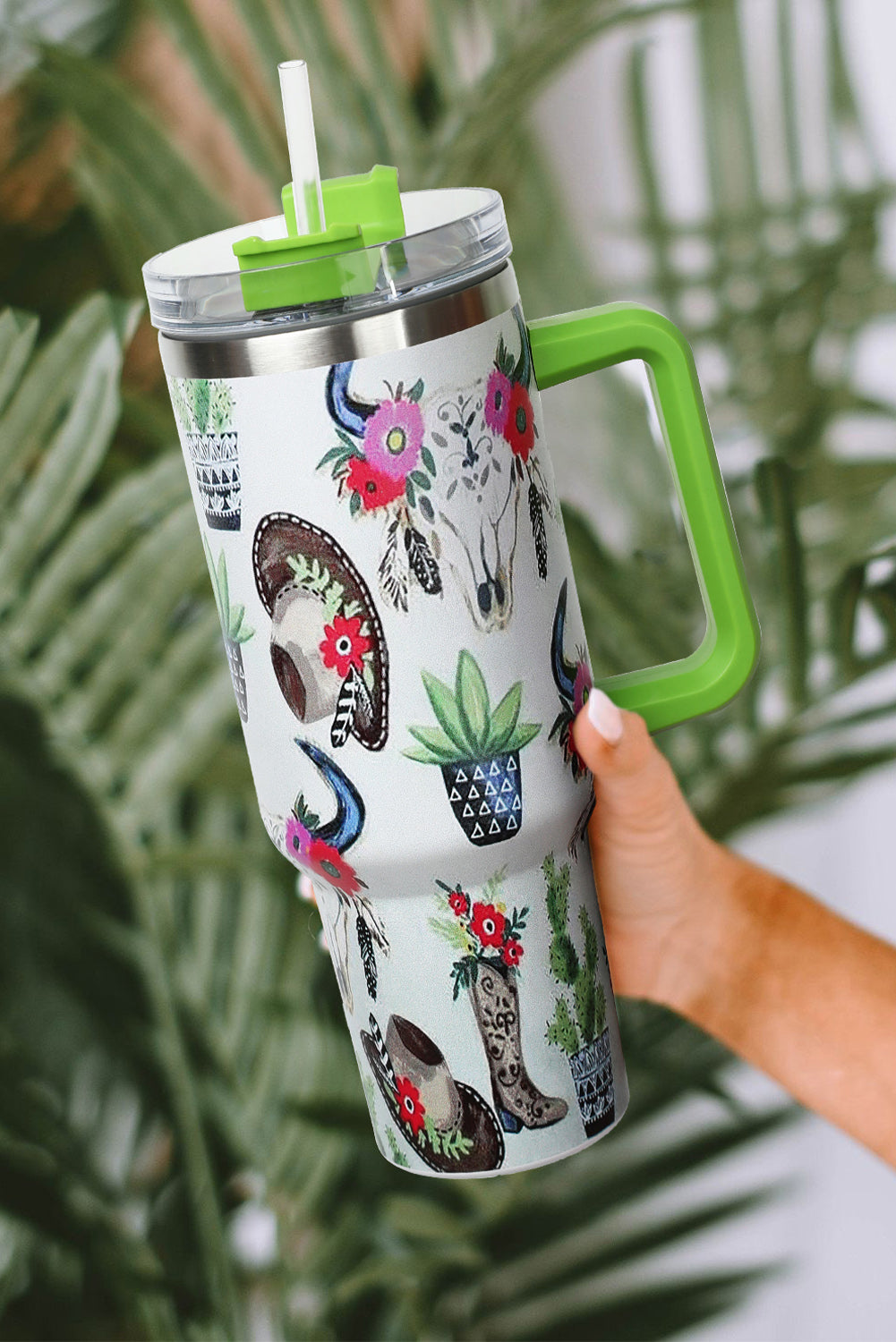 Mint Green Plants Printed Stainless Tumbler with Lid and Straw