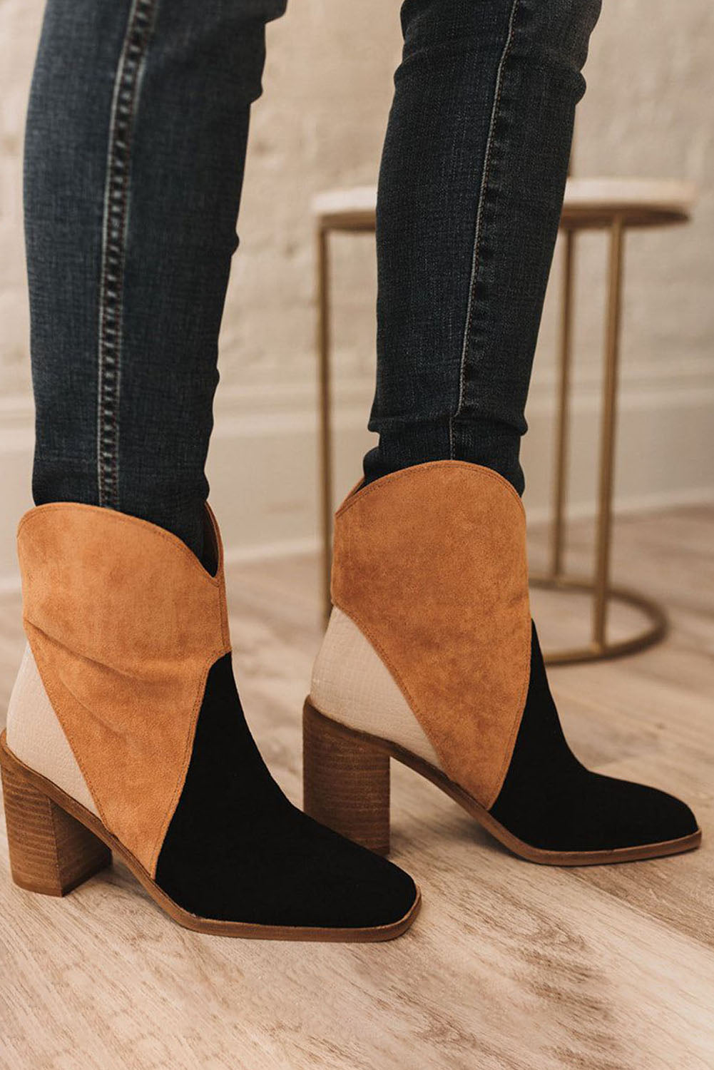 Chestnut Colorblock Suede Heeled Ankle Booties