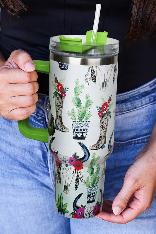 Mint Green Plants Printed Stainless Tumbler with Lid and Straw
