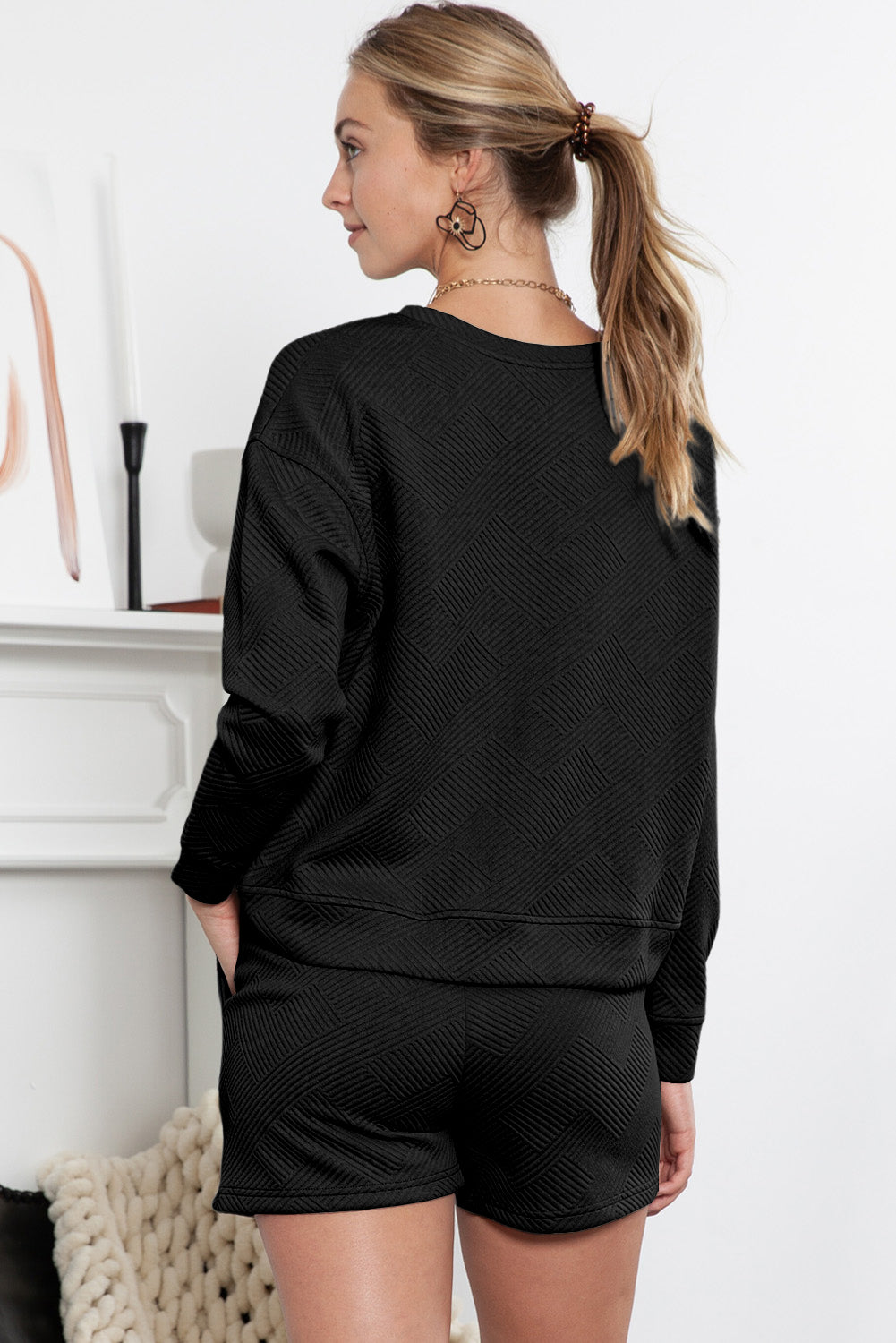 Black Textured Long Sleeve Top & Drawstring Shorts Set